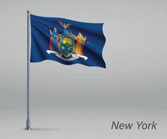 Waving flag of New York - state of United States on flagpole. vector