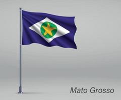 Waving flag of Mato Grosso - state of Brazil on flagpole. vector
