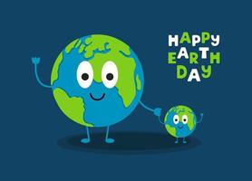 Happy Earth Day horizontal banner on blue background. Big earth holds small earth by the hand. Earth Day concept. Modern vector illustration