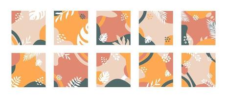 Summer set backgrounds template with copy space for text. Modern vector design with colorful organic shapes and tropical leaves for social media story, post, web design, banners