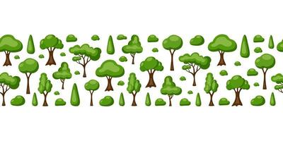 Colorful strip of cartoon green trees and stones isolated on white background. Modern horizontal seamless pattern. Vector illustration