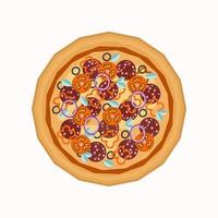 Delicious round pizza with tomatoes, peppers, olives and salami. Vector illustration in flat style on white background. View from above