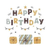 Happy Birthday greeting card or banner in scandinavian style on white background. Modern hand drawn illustration vector