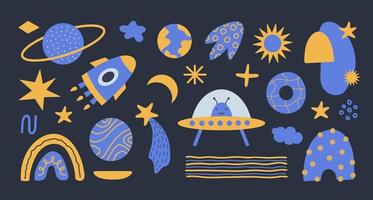 Modern set with cosmic elements, doodle objects and line shapes. Hand drawn vector illustration in yellow and blue colors isolated on dark background.