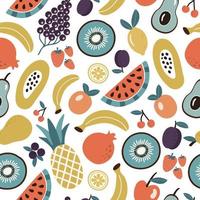 Colorful seamless pattern of organic tropical fruits and berries or vegetarian food on white background. Vector hand drawn design in flat style