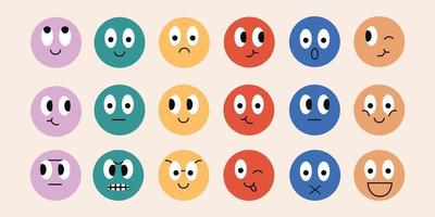 Abstract round comic faces with various emotions and characters isolated on light background. Trendy flat design. Vector illustration