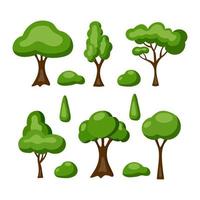 Colorful set of cartoon trees isolated on white background. Modern nature green plants, forest. Vector illustration