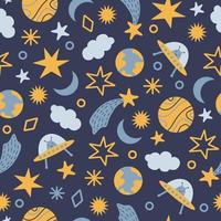 Modern space seamless pattern with cosmic elements Hand drawn vector illustration in yellow and blue colors isolated on blue background.