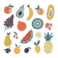colorido conjunto de frutas y bayas tropicales orgánicas o comida vegetariana sobre fondo blanco. icono de colección dibujado a mano vectorial en estilo plano vector