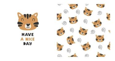 Seamless pattern with a colorful tiger head and the inscription with it on a white background. Scandinavian style. Modern vector cartoon illustration.