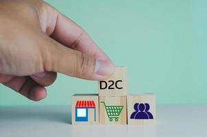 Hand put wooden cubes with Direct to Consumer D2C on table and copy space.Business concepts. photo