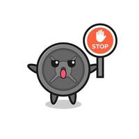 barbell plate character illustration holding a stop sign vector