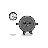 Character cartoon of barbell plate is playing volleyball vector