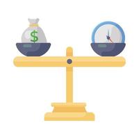 Time vs money icon, flat design of seesaw having money bag on one side and clock on other side vector