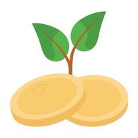 Leaves with coins symbolising money growth icon vector