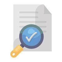 Folded paper with tick mark under magnifier, verified search icon vector