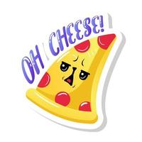 Delicious cheesy pizza slice, fast food in flat sticker style. vector