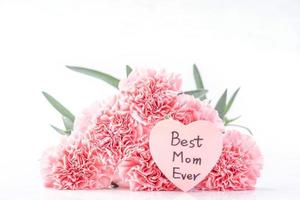 Top view of elegance blooming sweet pink color tender carnations isolated on bright white background with card, may mothers day mum greeting design concept, close up, copy space photo