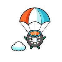 la caricatura de la mascota del tablero de dardos es paracaidismo con gesto feliz vector