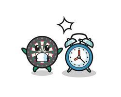 Cartoon Illustration of dart board is surprised with a giant alarm clock vector