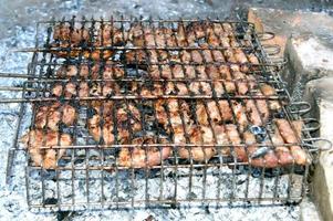 meat on a grill lying on stones photo