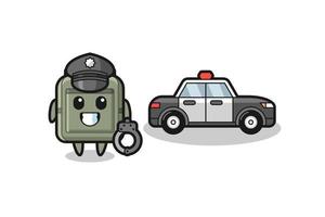 caricatura, mascota, de, mochila escolar, como, un, policía vector