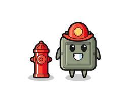 personaje mascota de la mochila escolar como bombero vector