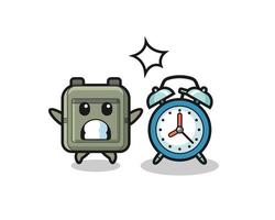 Cartoon Illustration of school bag is surprised with a giant alarm clock vector