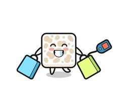 tempeh mascot cartoon holding a shopping bag vector