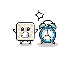 Cartoon Illustration of tempeh is surprised with a giant alarm clock vector