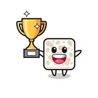 Cartoon Illustration of tempeh is happy holding up the golden trophy vector