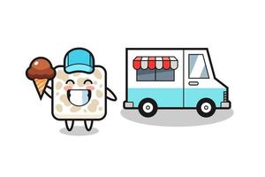 caricatura de mascota de tempeh con camión de helados vector