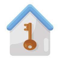 Flat design of key inside home building, home access icon vector