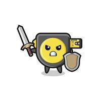 cute tape measure soldier fighting with sword and shield vector