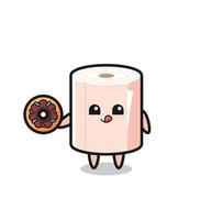 illustration of an tissue roll character eating a doughnut vector