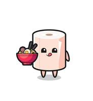 cute tissue roll character eating noodles vector