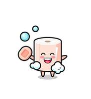 tissue roll character is bathing while holding soap vector