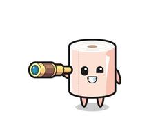 cute tissue roll character is holding an old telescope vector