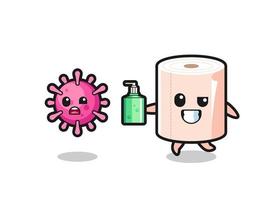 illustration of tissue roll character chasing evil virus with hand sanitizer vector