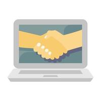 Handshake inside laptop, concept of online deal icon in flat style. vector