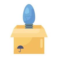 Light bulb coming out from cardboard, think outside box icon vector