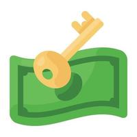 Key with banknote, icon of safe money in flat style vector