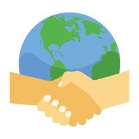 Handshake with globe icon in flat design, global partnership vector