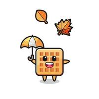 cartoon of the cute waffle holding an umbrella in autumn vector