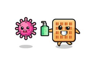 illustration of waffle character chasing evil virus with hand sanitizer vector