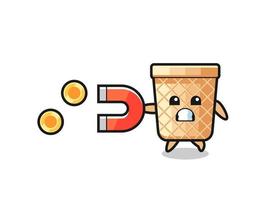 the character of waffle cone hold a magnet to catch the gold coins vector