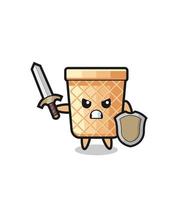 cute waffle cone soldier fighting with sword and shield vector