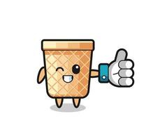 lindo cono de gofre con el símbolo de pulgar hacia arriba de las redes sociales vector