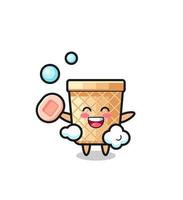 waffle cone character is bathing while holding soap vector