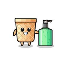 cute waffle cone cartoon with hand sanitizer vector